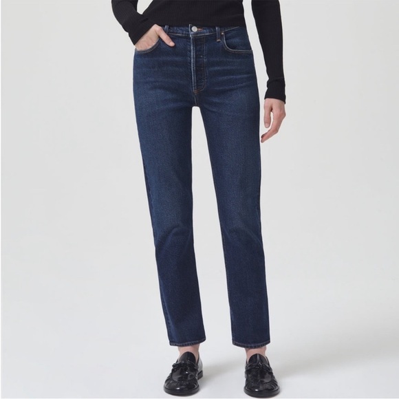 Agolde Riley Long High Rise Straight Leg Jeans Dark Blue Wash Size 31 Luxury - Picture 13 of 16